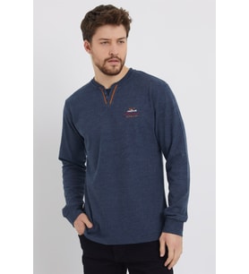 Erkek Lacivert Renk Düğmeli V Yaka Nakış Detaylı Ince Sweatshirt