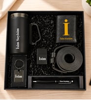 Kişiye Özel Premium Kutu Termos Kulplu Bardak Mekanizmalı Cüzdan Kemer Metal Cakmak Metal Anahtarlık Touch pen Kalem Erkek Hediye Set