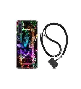 Oppo A91 Kılıf Silikon Desen Boyun Askılı Butterfly Neon 1684
