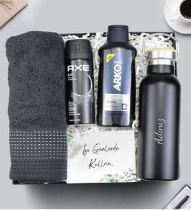 Kişiye Özel Matara Termos & Havlu & Arko Men Tıraş Kolonyası & Deodorant Hediye Seti