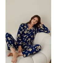 Lukitus Gömlek Yaka Süet Ayıcık Desen Kadın Pijama Takımı (Mavi)