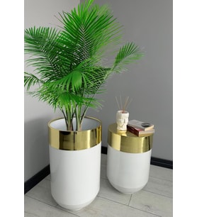 Dekoratif Gold Darbuka Parlak Beyaz Saksı 70cm + Sehpa 60cm İkili Set