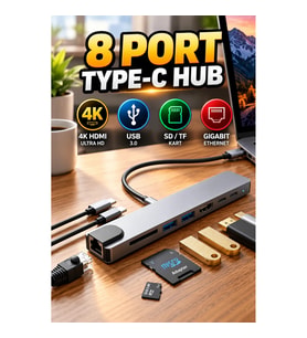 8 Port Type-C Hub – 4K HDMI, USB, SD Kart ve Ethernet Bağlantılı Çoklayıcı