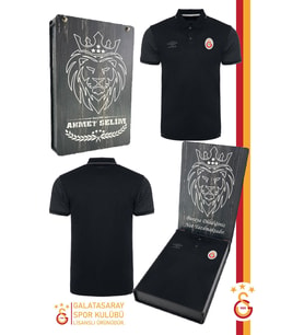 Galatasaray Orijinal Lisanslı Polo Yaka Siyah Spor T-Shirt Kişiye Özel Kutulu