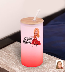 BK Gift Karikatürlü Kırmızı Renk Pipetli Buzlu Cam Bardak 600ml - 3, Arkadaşa Hediye, Doğum Günü Hediyesi