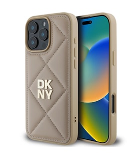Apple iPhone 16 Pro Uyumlu Kılıf DKNY Orjinal Lisanslı Kapitone Tasarımlı Metal Logolu Deri Kapak (Bej)