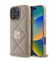 Apple iPhone 16 Pro Uyumlu Kılıf DKNY Orjinal Lisanslı Kapitone Tasarımlı Metal Logolu Deri Kapak (Bej)