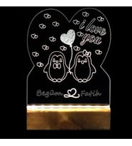 Lucenda Penguen Çift Işıklı Pleksi Kişiye Özel Gece Lambası Sevgililer Günü Hediyesi (Beyaz)