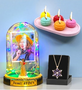 Size Özel Renkli Led Işıklı Fanus, Kokulu Mum ve Gerçek Ametist Taşlı Lotus Kolye (Model 5)