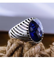 Lacivert Safir Kristal Kesim Taşlı Simetrik Model Özel Seri Erkek Gümüş Yüzük