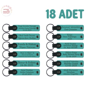Okul Etkinliklerine Katılanlara Özel 18'li Set, Kişisel Mesajlı Deri Hatıra Anahtarlık, Koyu Turkuaz