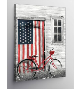 Kanvas Tablo Amerikan Bayraklı Kapı Ve Retro Bisiklet