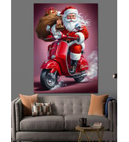 Kırmızı Scooter Süren Noel Baba  Dekoratif Kanvas - Mdf Ahşap Tablo