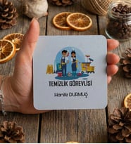 Kişiye Özel Temizlik Görevlisi Bardak Altlığı  Hediyesi (Beyaz)