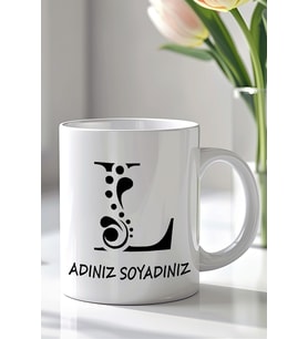 Kişiselleştirilebilir L Harfi Tasarımlı 330ml Baskılı Beyaz Seramik Kupa Bardak (Siyah Beyaz Baskili)