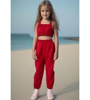 Kız Bebek Düz Renk Crop Pantolon Set (Kırmızı)