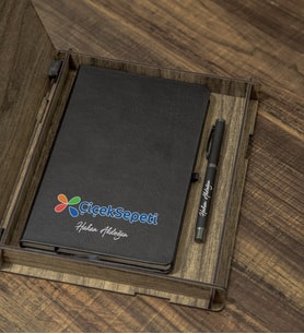 Firmalara Özel Logo Ve İsim Baskılı Ahşap Kutulu Defter Kalem Seti (Siyah)
