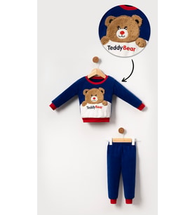 Teddy Bear Görselli Erkek Bebek & Çocuk Polar Kışlık Alt Üst Takım-Mavi
