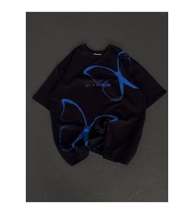Unisex Bisiklet Yaka Baskılı Oversize T-Shirt - Siyah