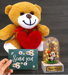 Kırmızı Kalpli Peluş Ayıcık ve Kişiye Özel Işıklı Panda Biblolu Fanus