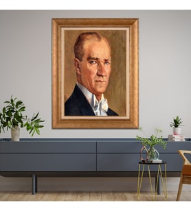 Altın Varaklı Çerçeveli Paspartulu Atatürk Tablo DC0703 (Gold)