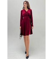 Kruvaze Yaka Kadife Şık Elbise (Bordo)