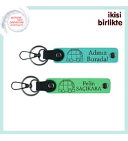 İki Kişilik Yolculuklara Özel Armağan, Karavan Temalı, İsimli Deri Anahtarlık Seti, Turkuaz-F Yeşil