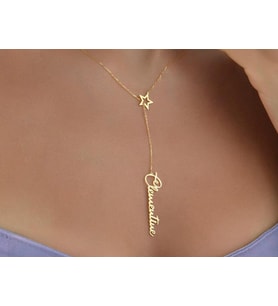 Kişiye Özel 925 Ayar Gümüş İç İçe Yıldız Detaylı İsim Kolye (Gold)