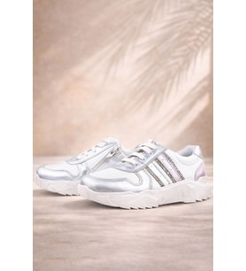Rakerplus Hakiki Deri Gümüş Pembe Parlak Taşlı Kız Çocuk Sneakers Ayakkabı