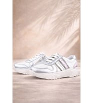 Rakerplus Hakiki Deri Gümüş Pembe Parlak Taşlı Kız Çocuk Sneakers Ayakkabı