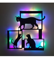 Lucenda Led Işıklı Çerçeveli Kediler Dekoratif Tablo Balkon Duvar Dekorlu Gece Lambası (Çok Renkli)