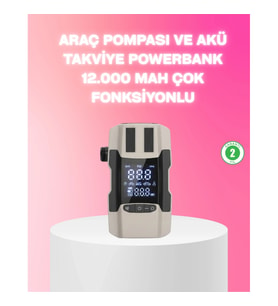 Mey İthalat® Araç Hava Pompası ve Akü Takviye Powerbank 12.000 mAh Çok Fonksiyonlu