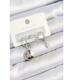 Pirinç Zirkon Taşlı Sallantılı Yıldız Model Gümüş Renk 3'lü Çift Ka - GLST9458-811