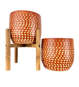 Bitki Tasarımı Beyaz Nokta Desenli Toprak Saksı Saksılık Salon Çiçeklik İkili Set Ayaksız - 4 Ayaklı- 19 CM