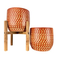 Bitki Tasarımı Beyaz Nokta Desenli Toprak Saksı Saksılık Salon Çiçeklik İkili Set Ayaksız - 4 Ayaklı- 19 CM