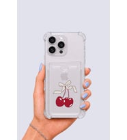 iPhone 15 Pro Max Kartlıklı Kiraz Desenli Kılıf