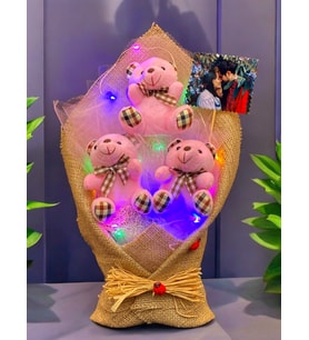 Kişiye Özel Fotoğraflı Pembe Ayıcıklar Buketi - Büyük Boy Renkli Led Işıklı Buket