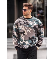 Kamuflaj Bej Bisiklet Yaka Oversize Şardonlu Basic Erkek Sweatshirt 6048