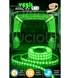 LumiDrive 3m Yeşil Şerit LED – 12V Araç İçi Ambiyans Işık, Kesilebilir, Yapışkanlı, Bağlantı Kablolu