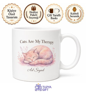 Cats Are My Therapy Temalı Kedi Severler İçin İngilizce Baskılı Porselen Kupa Bardak Hediye