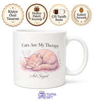 Cats Are My Therapy Temalı Kedi Severler İçin İngilizce Baskılı Porselen Kupa Bardak Hediye