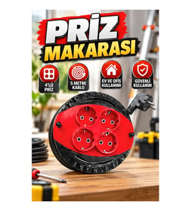5 Metre Kablolu 4'lü Priz Makarası – Kırmızı Ev ve Ofis Tipi