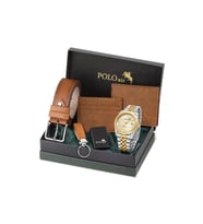 Polo Air Takvimli Erkek Kol Saati Cüzdan Kemer Kartlık Anahtarlık Çakmak Seti Gümüş Gold Renk PL-7074E9 (Altın-Gümüş)