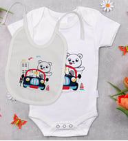 BK Kids Sevimli Sürücü Tasarımlı Bebek Body Zıbın ve Mama Önlüğü Hediye Seti - Model 1