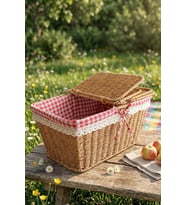 Atbyhome Hasır Piknik Sepeti Dikdörtgen Kapaklı Ve Bezli Rattan Sepet Organizer 39x27x18