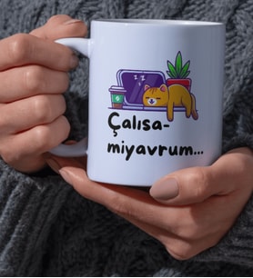 Kupa Bardak Ofis için Kedi Tasarımlı Çalışamıyorum Komik Yazılı Dear Tasarım Beyaz Kupa Bardak