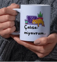 Kupa Bardak Ofis için Kedi Tasarımlı Çalışamıyorum Komik Yazılı Dear Tasarım Beyaz Kupa Bardak