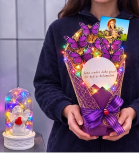 Size Özel Fotoğraflı Renkli Led Işıklı Aynalı Kelebek Buketi & Renkli Led Işıklı Fanuslu (Model 1)