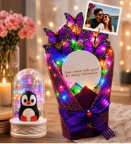Kişiye Özel Fotoğraflı Renkli LED Işıklı Aynalı Mor Kelebek Buketi ve Renkli LED Işıklı Fanus (penguenli)