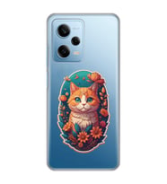Redmi Note 12 Pro 5G Uyumlu Çiçek ve Kedi Tasarımlı Şeffaf Telefon Kılıfı